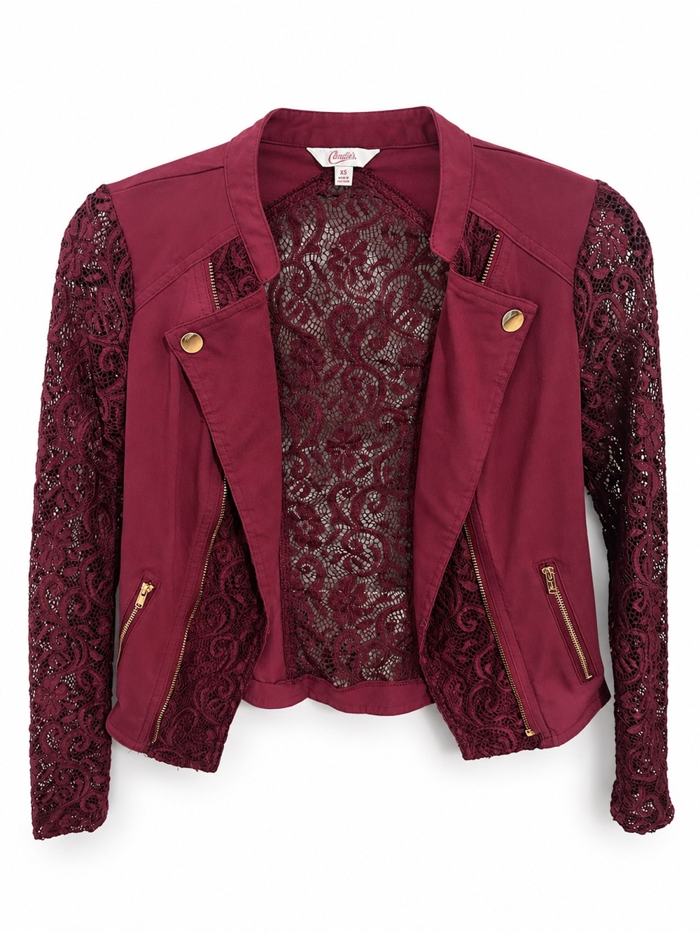 Candie's XS Burgundy Crochet Lace Moto Blazer~ Gold Hardware Zipper XS🖤🌹🖤
